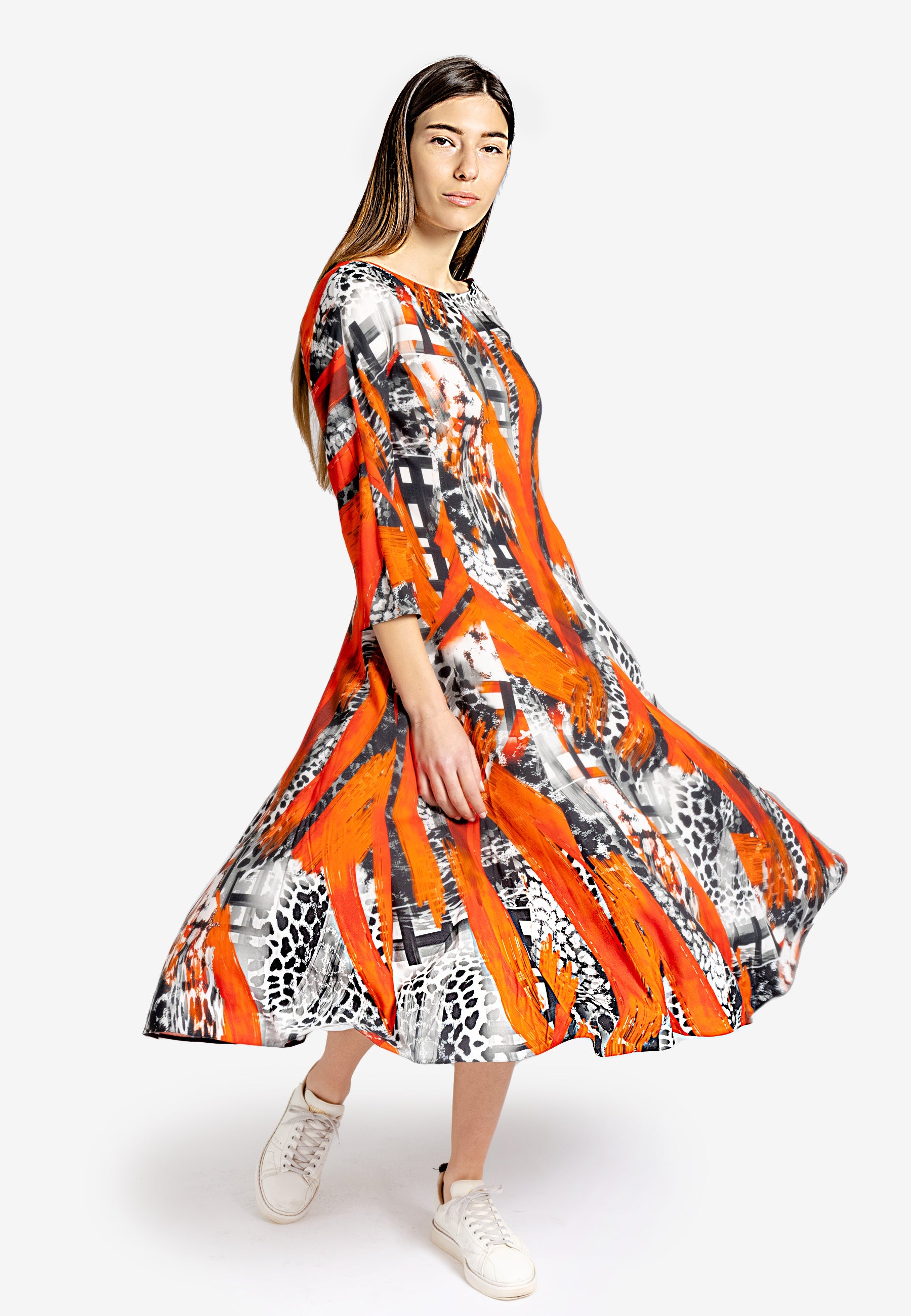 Boat Dress Kimono Sleeve Midi Dress  3/4 sleeve dress  Boat Dress Collar  winter dresses Australia  boat neck collar dress  midi dress australia  midi dress with sleeve  orange print midi dress midi kimono sleeve dress 