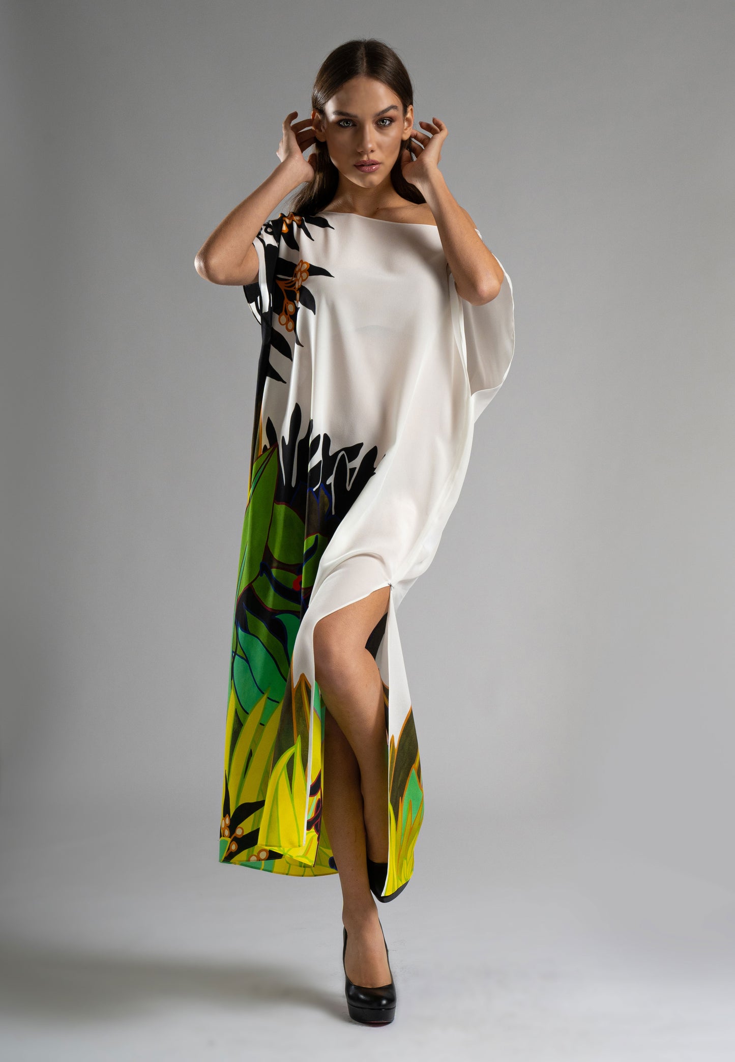 Italian Silk Kaftan, Jungle Print Silk Kaftan, Short Sleeve Silk Kaftan, 100% Silk Kaftan