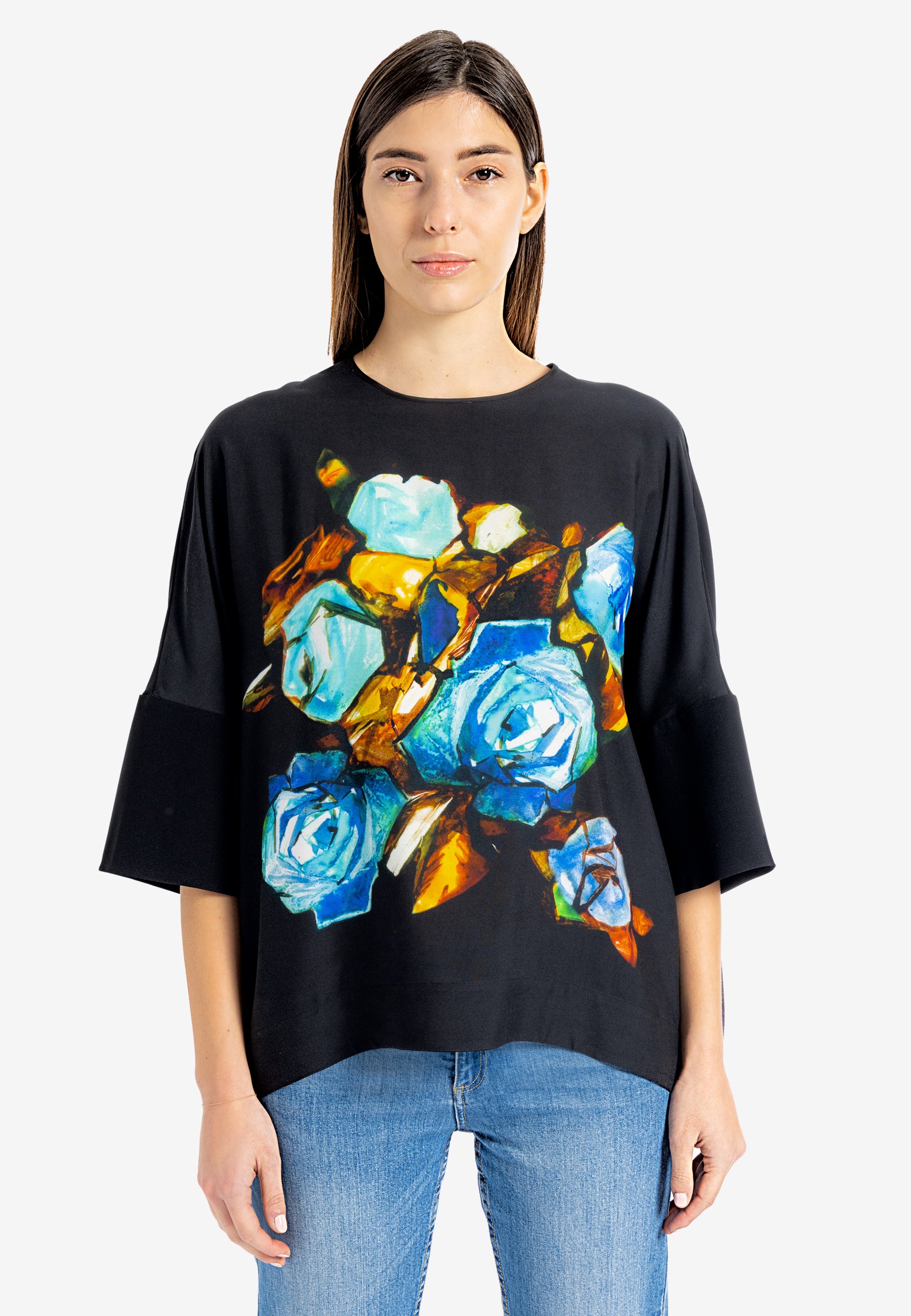   Round neck blouse  Viscose blouse half sleeve blouse  Floral viscose blouse black viscose blouse  viscose top  latest blouse design black blouse Australia  3/4 sleeve blouse  loose fit blouse 