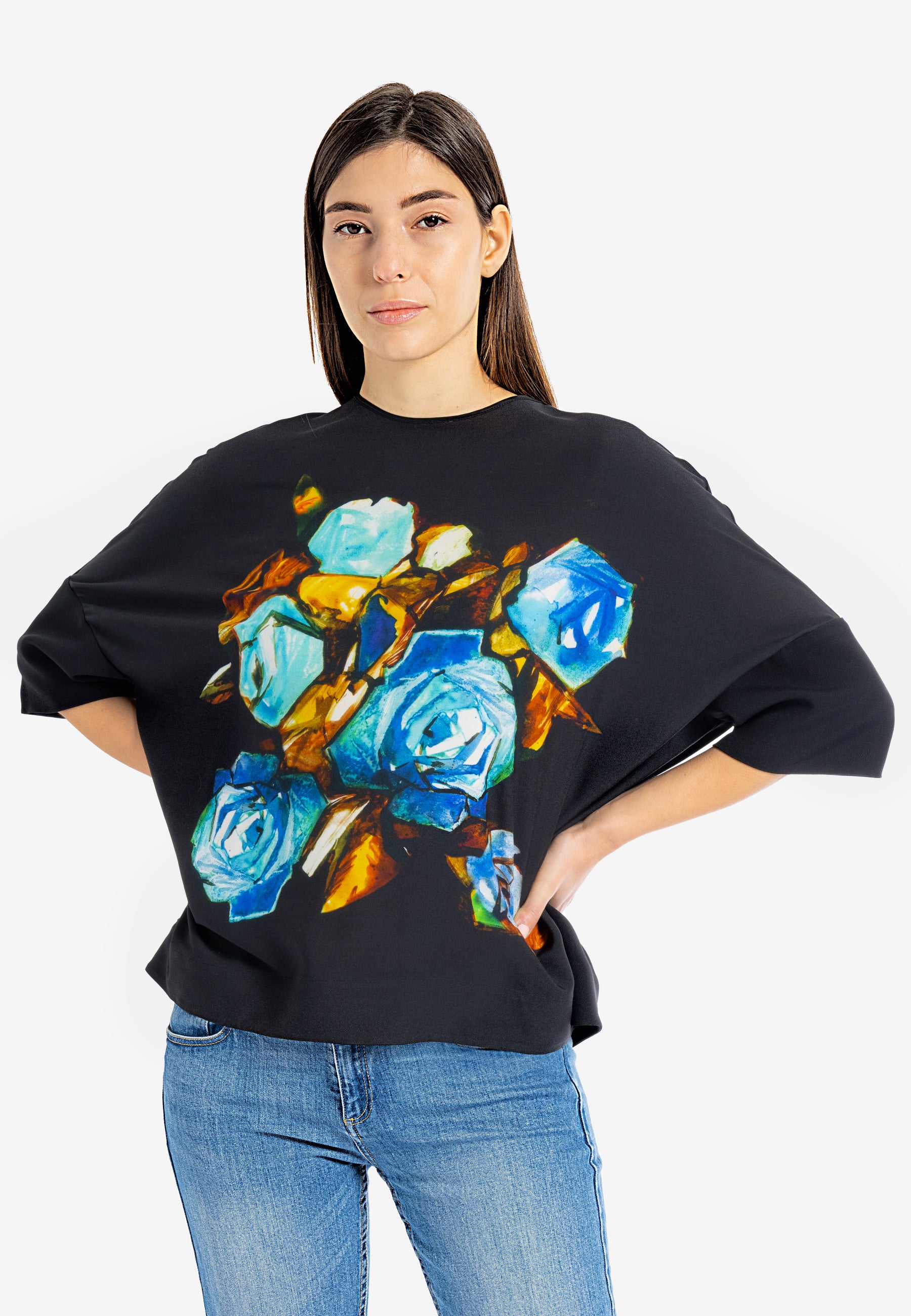 Round neck blouse  Viscose blouse half sleeve blouse  Floral viscose blouse black viscose blouse  viscose top  latest blouse design black blouse Australia  3/4 sleeve blouse  loose fit blouse 