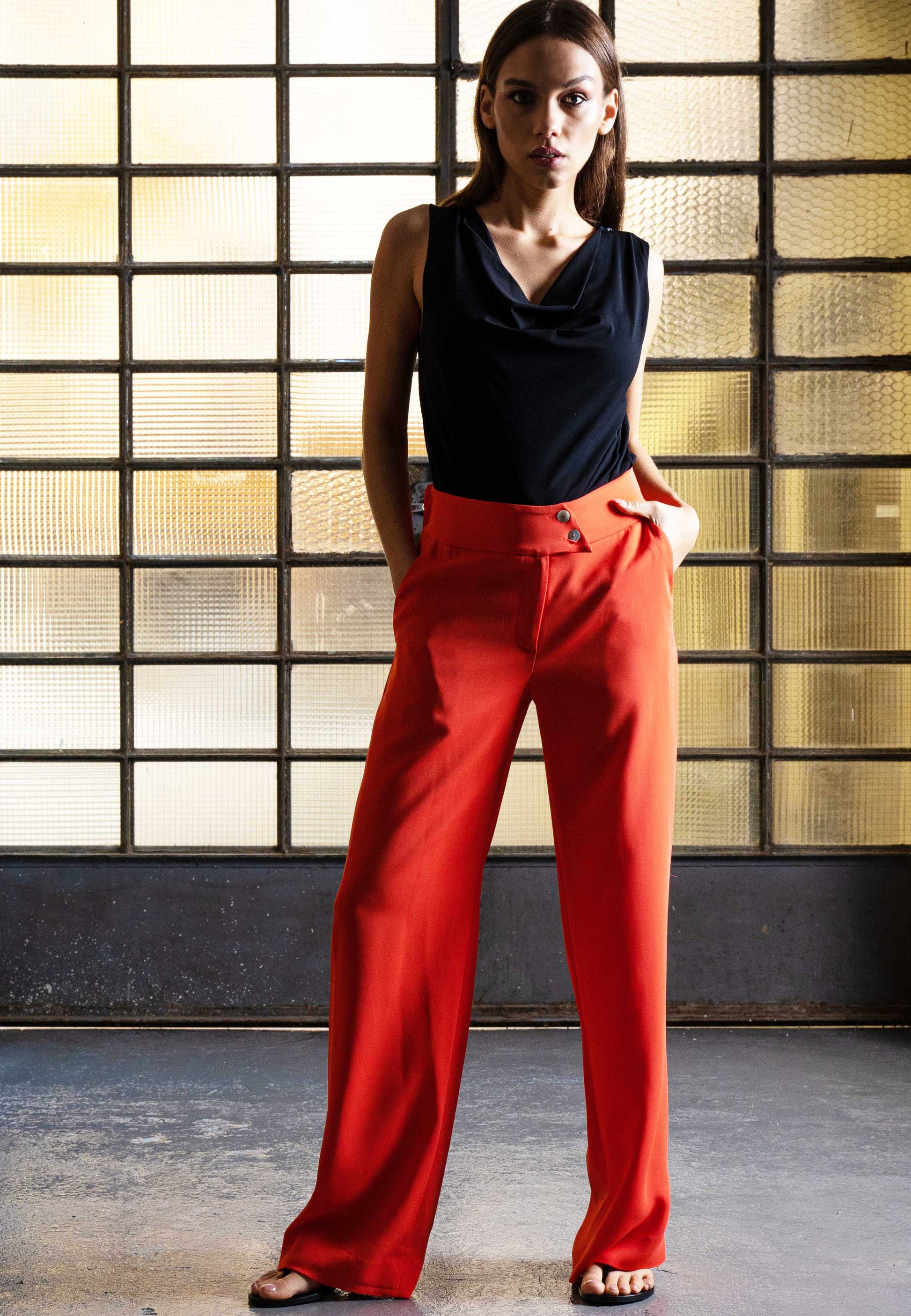  high waisted trousers, wide leg trousers, yellow trousers, coral trousers, Italian stretch fabric