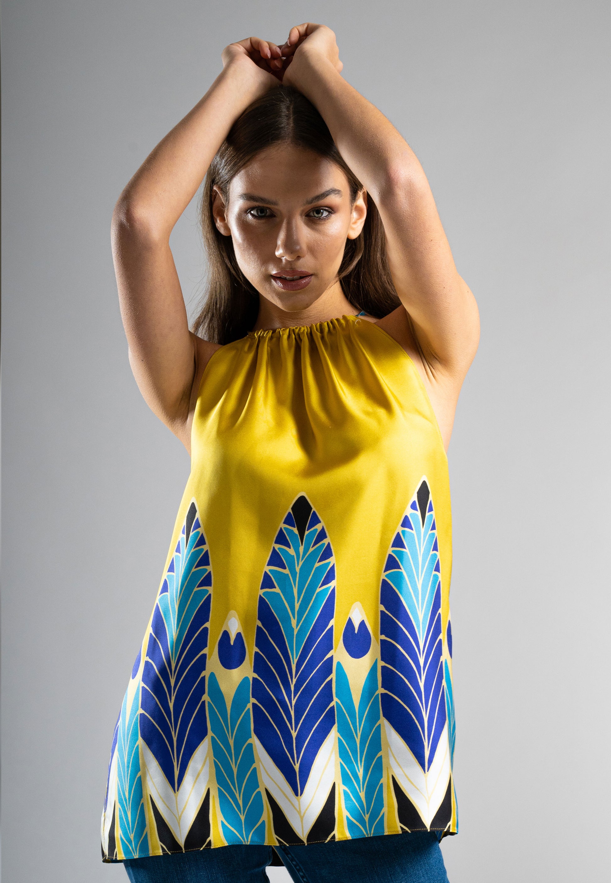 tops, summer top, sleeveless top, silk top, feather print top, silk shirts for women, summer tops for women, sleeveless shirts for women, blouse for women, blouse tops for women