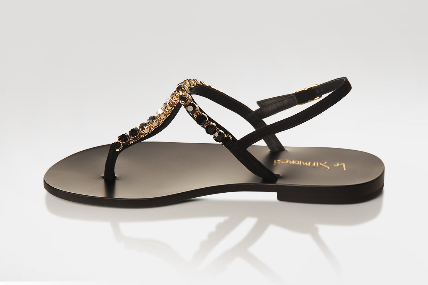 Italian sandals, handmade sandals, flat sandals, crystal sandals, black leather sandals, Swarovski crystal sandals