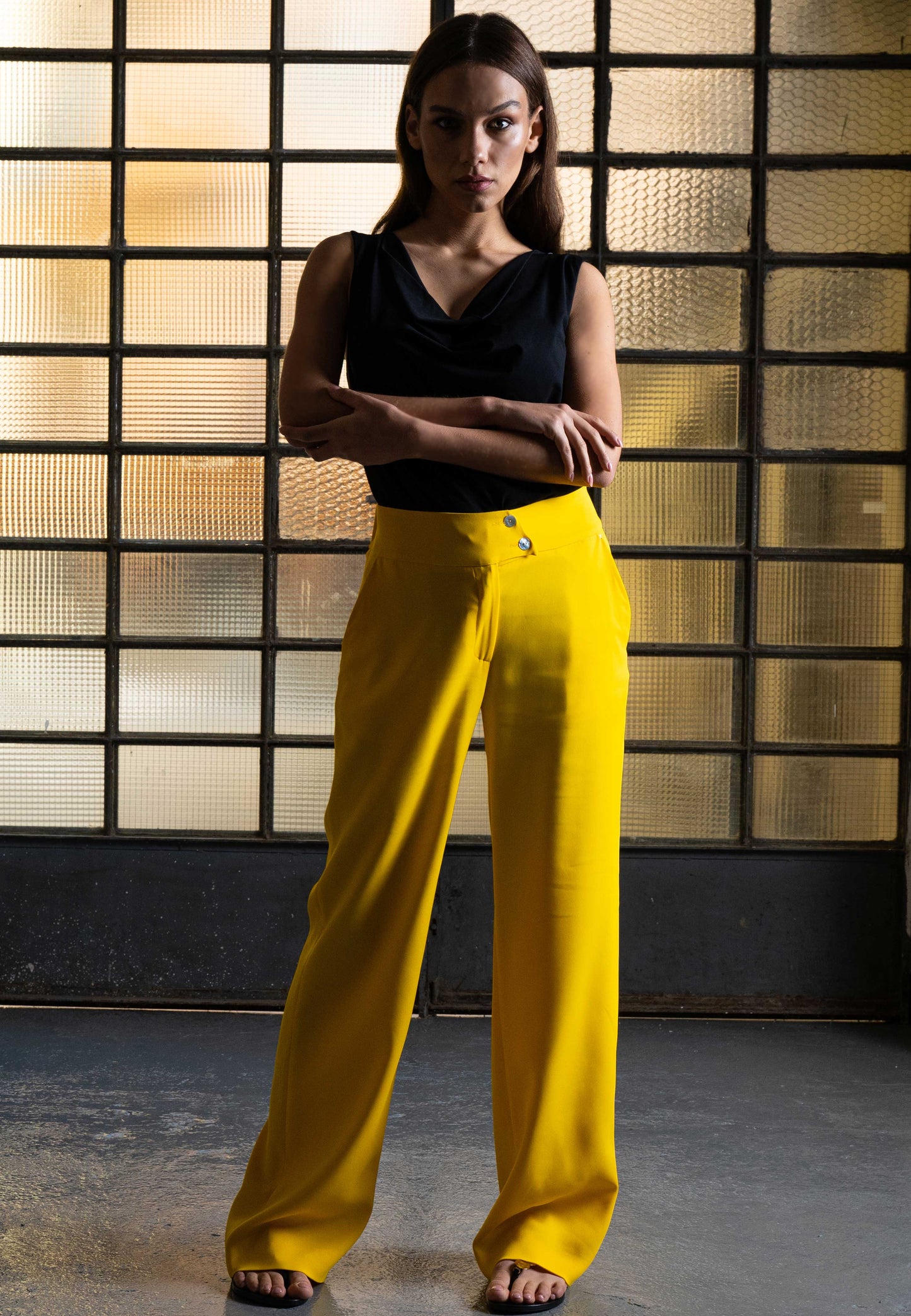  high waisted trousers, wide leg trousers, yellow trousers, coral trousers, Italian stretch fabric