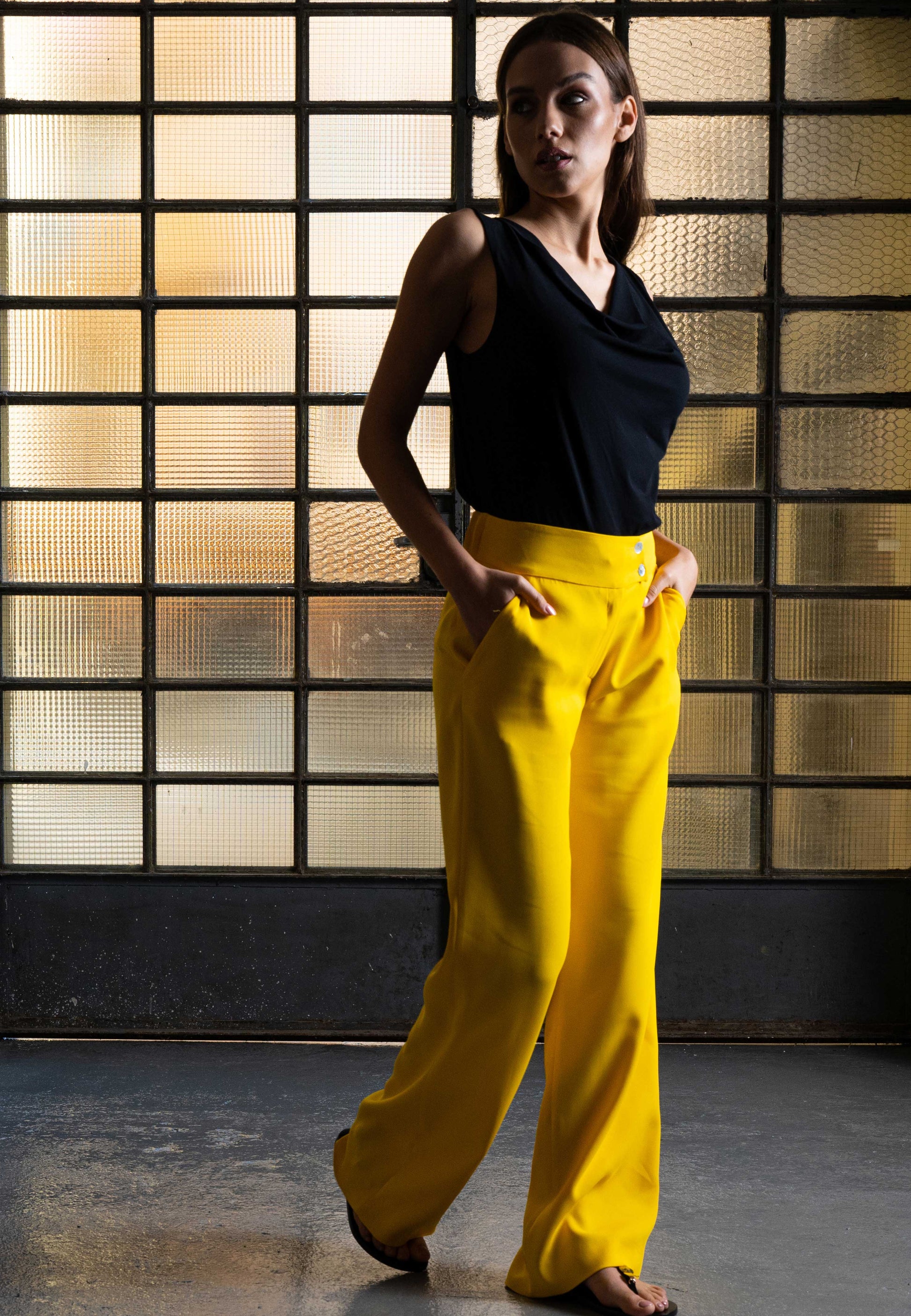  high waisted trousers, wide leg trousers, yellow trousers, coral trousers, Italian stretch fabric